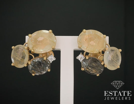 18k Yellow Gold Nanis Ipanema Rutilated Quartz & Diamond Earrings 5.9g i17780