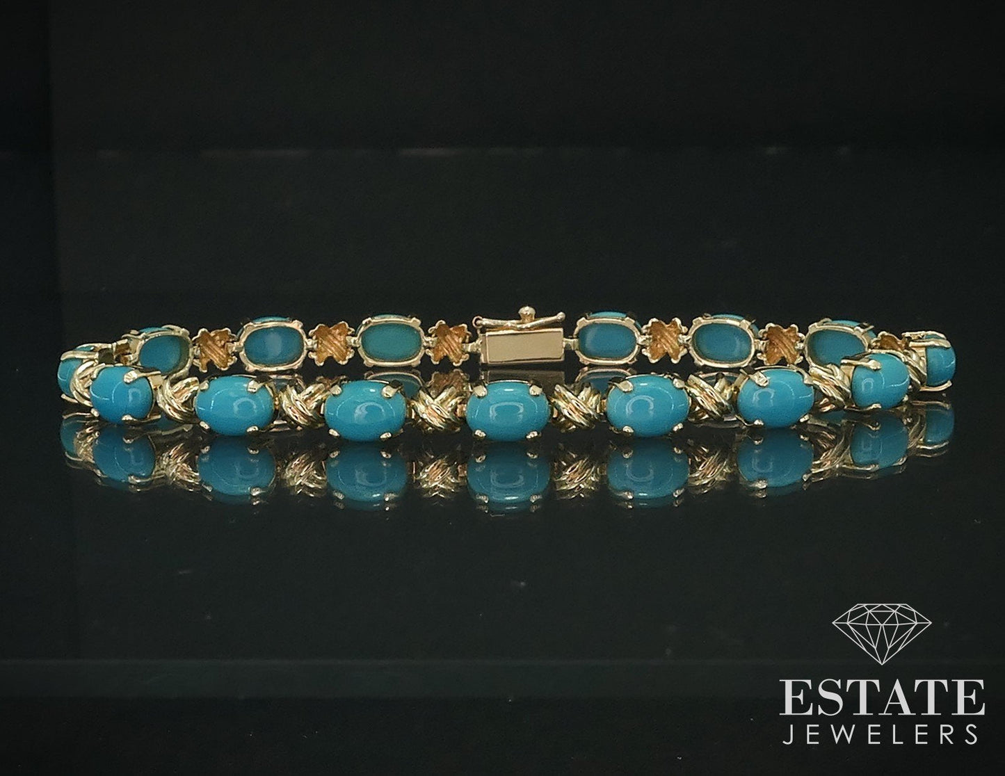 14k Yellow Gold Natural Turquoise XOXO Tennis Bracelet 9.6g 7.25"L i17783