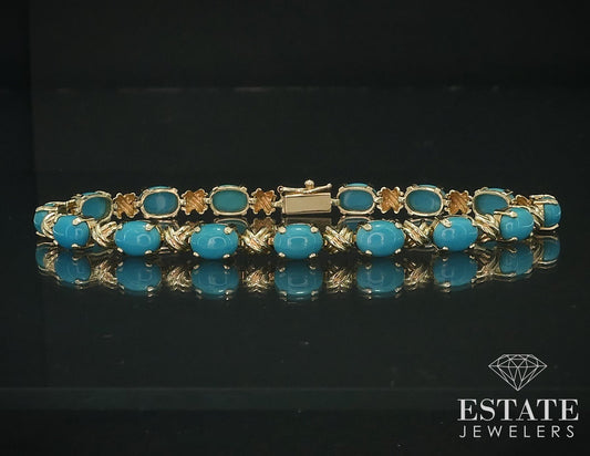 14k Yellow Gold Natural Turquoise XOXO Tennis Bracelet 9.6g 7.25"L i17783