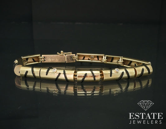 14k Yellow Gold Black Onyx & Diamond Barrel Artisan Bracelet 27.9g 7"L i17777
