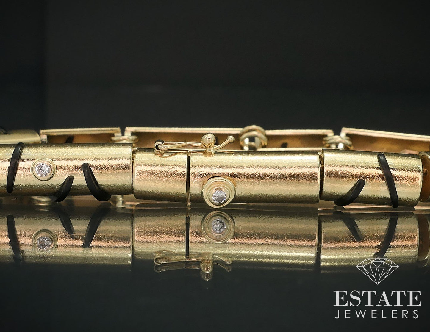 14k Yellow Gold Black Onyx & Diamond Barrel Artisan Bracelet 27.9g 7"L i17777