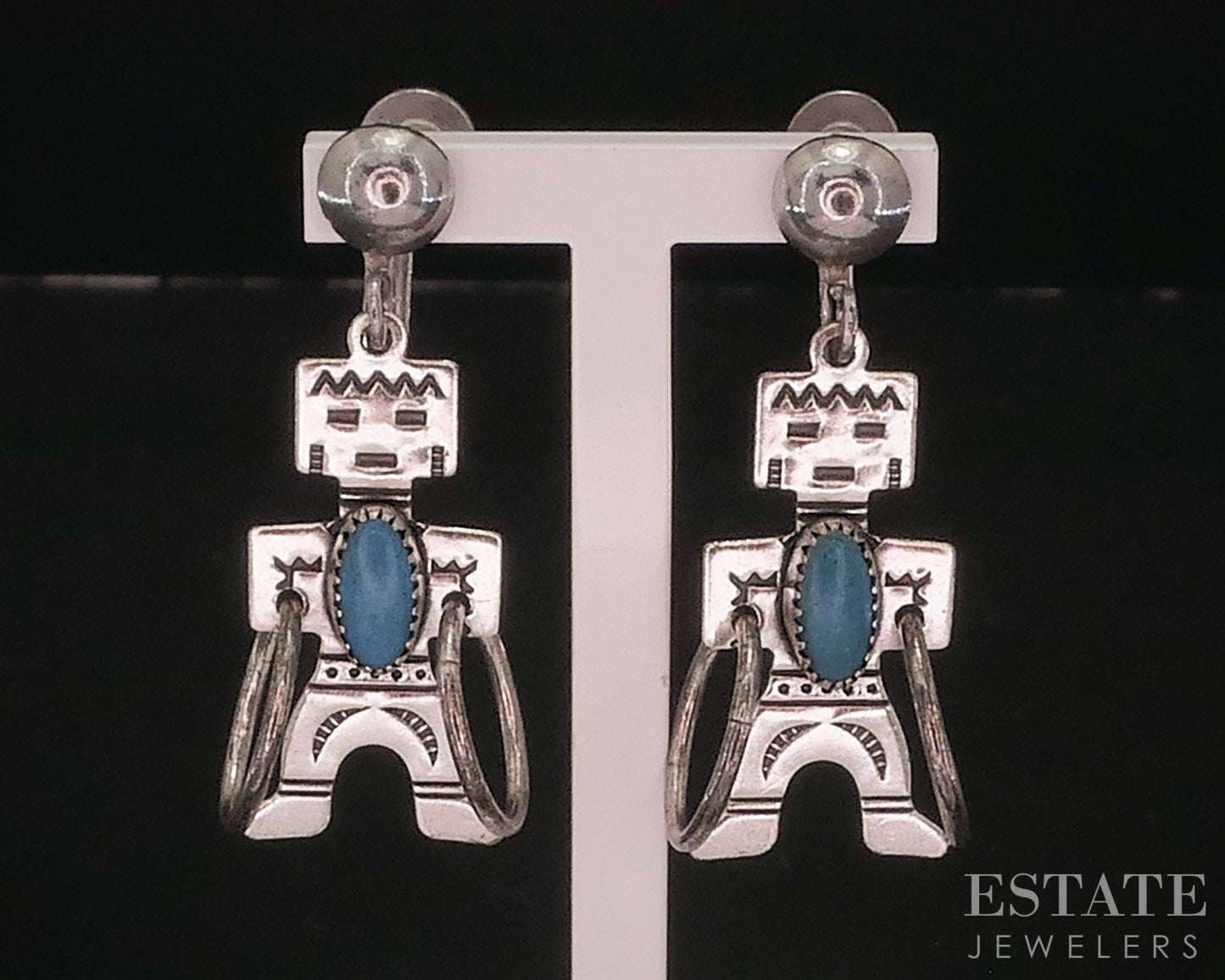 Vintage Sterling Natural Turquoise Navajo Kachina Earrings 6.9g i17926
