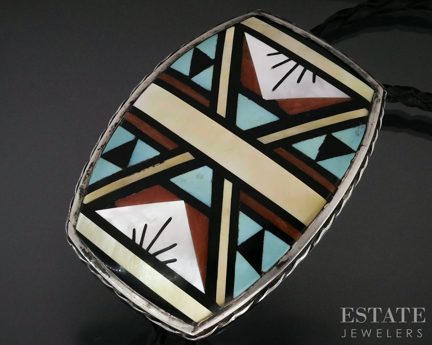 Vintage Sterling Booqua Zuni Natural Multi Gem Inlay Bolo Tie 48g i17918