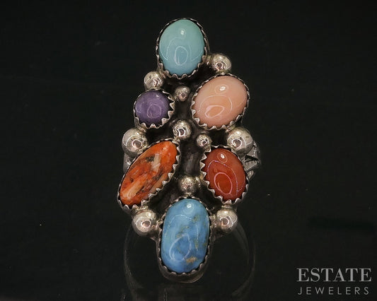 Vintage Sterling Natural Multi Gem Navajo Running Bear Ladies Ring 9g i17917
