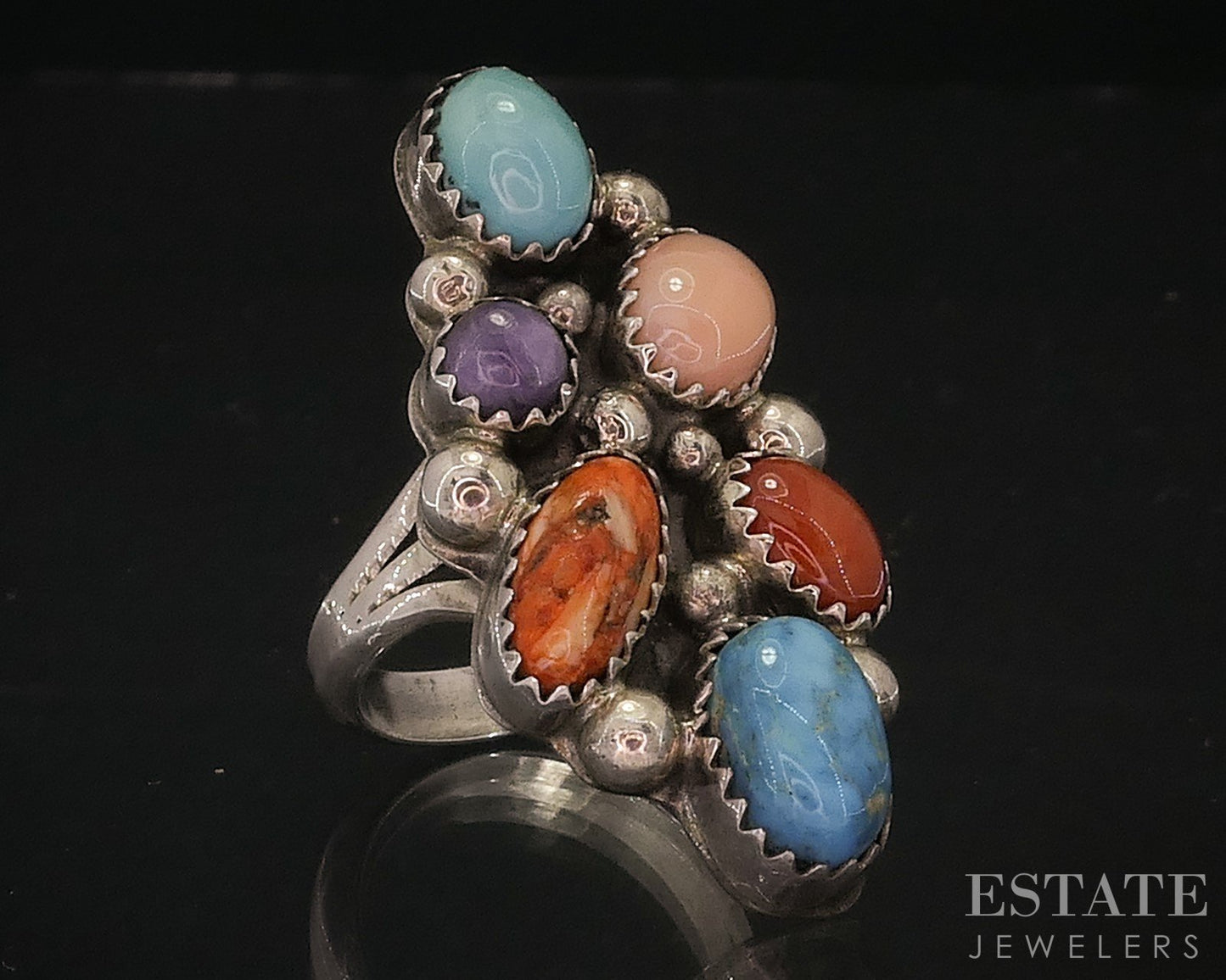 Vintage Sterling Natural Multi Gem Navajo Running Bear Ladies Ring 9g i17917