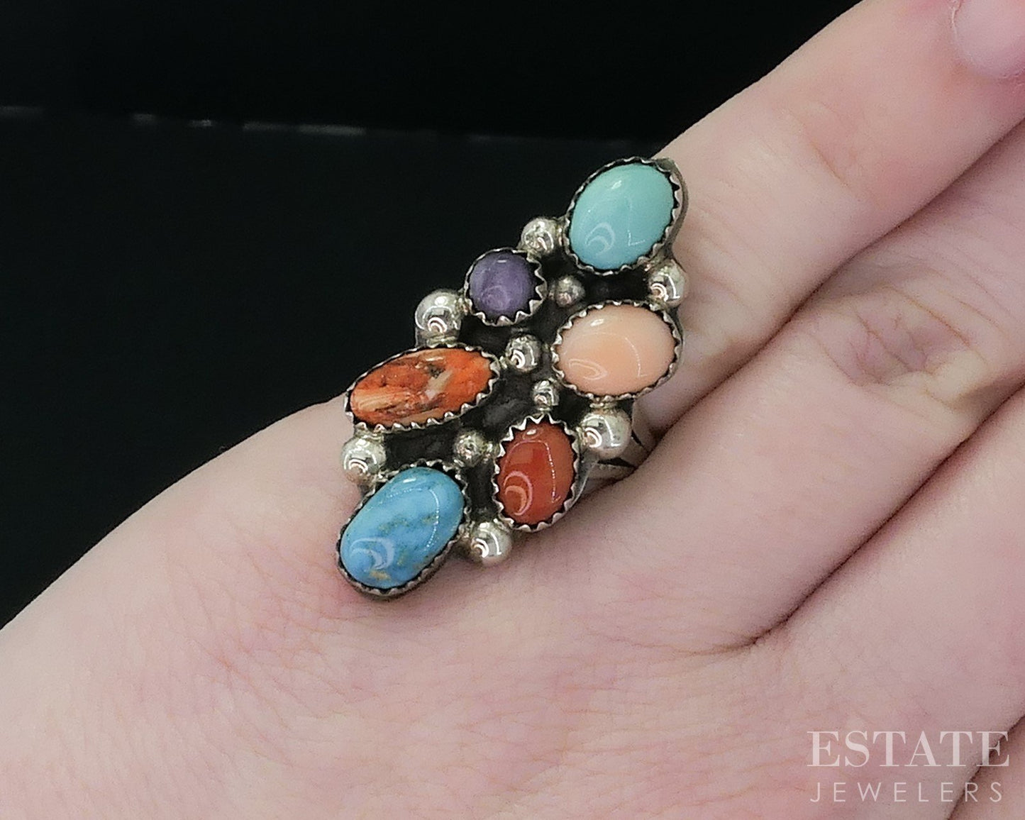 Vintage Sterling Natural Multi Gem Navajo Running Bear Ladies Ring 9g i17917