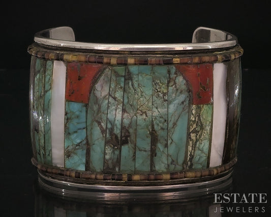 Vintage Sterling Turquoise, MOP & Coral Navajo Large Cuff Bracelet 119g i17914