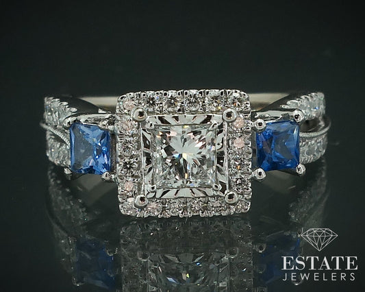 14k White Gold Natural .93ctw Diamond Sapphire Halo Engagement Ring 4.6g i17907