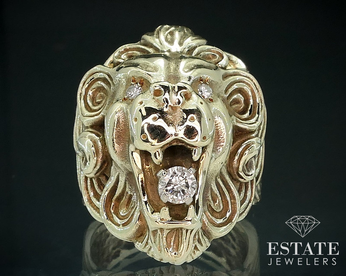 Vintage 14k Yellow Gold Natural .26ctw Diamond Lions Mens Ring 26.5g i17893