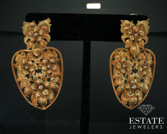 18k Yellow Gold Floral Dangle Large Ladies Earrings 16.2g i17889