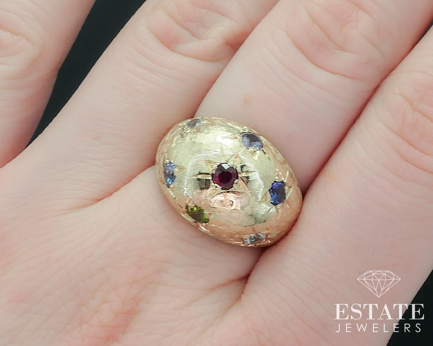 Vintage 14k Yellow Gold Multi Gem Star Domed Ladies Band Ring 8.4g i17887