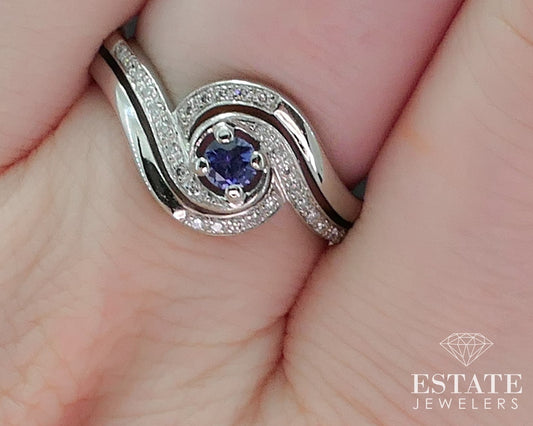 10k White Gold Natural Blue Sapphire & Diamond Swirl Engagement Ring 4.4g i17905