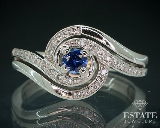 10k White Gold Natural Blue Sapphire & Diamond Swirl Engagement Ring 4.4g i17905