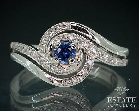 10k White Gold Natural Blue Sapphire & Diamond Swirl Engagement Ring 4.4g i17905