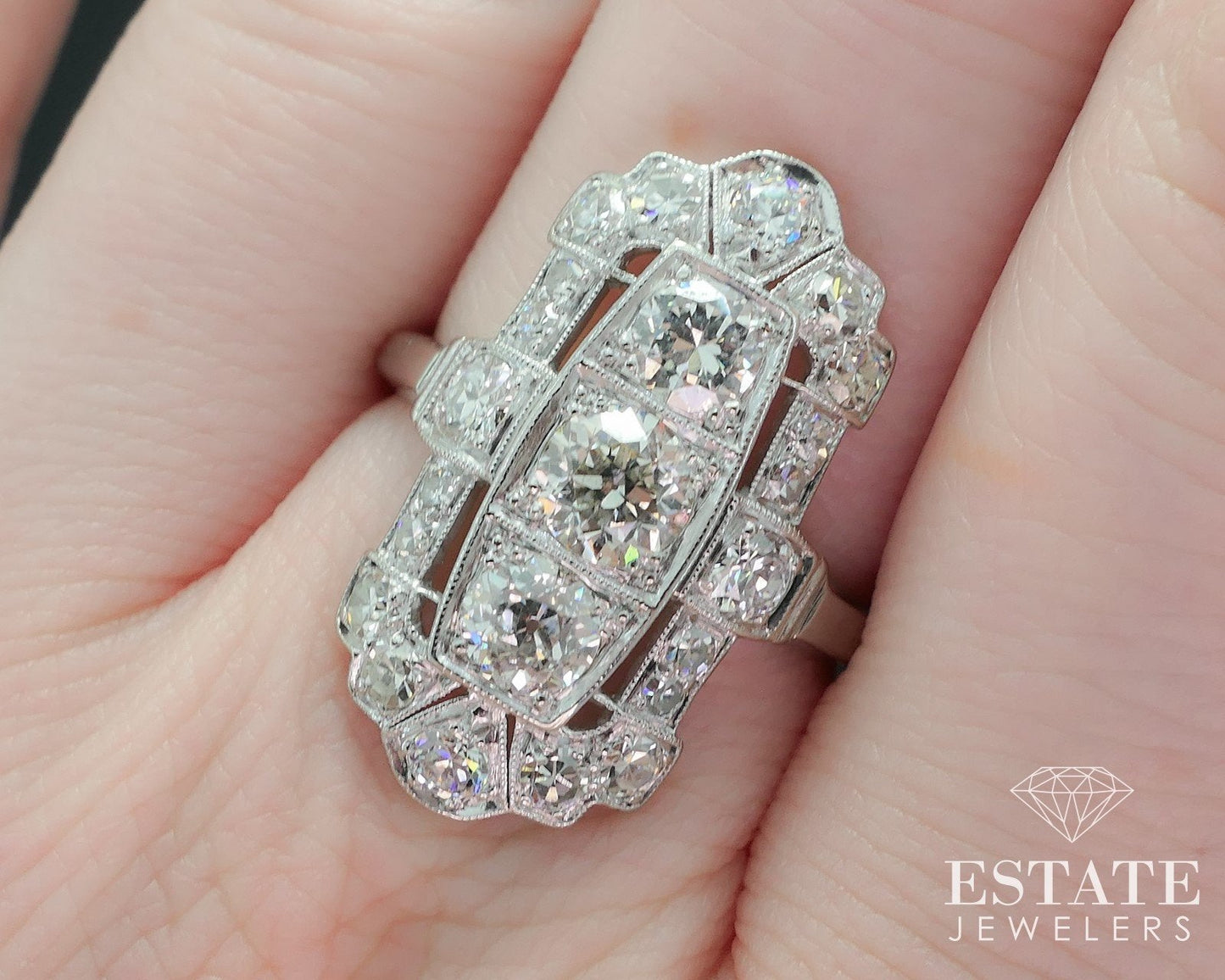Antique Edwardian Platinum Natural 1ctw Diamond Filigree Shield Ring 5.4g i17892