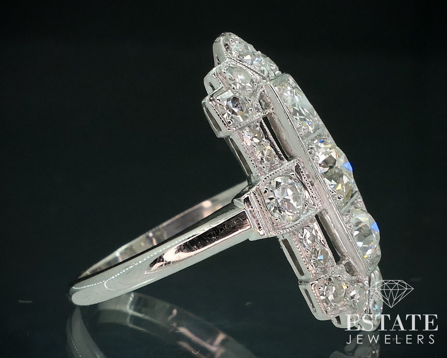 Antique Edwardian Platinum Natural 1ctw Diamond Filigree Shield Ring 5.4g i17892