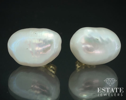 14k Yellow Gold 13mm Freeform Freshwater Pearl Stud Earrings 3.7g i17891