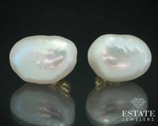 14k Yellow Gold 13mm Freeform Freshwater Pearl Stud Earrings 3.7g p75344