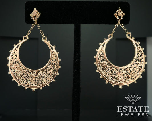 Vintage 14k Yellow Gold Filigree Hoop Dangle Ladies Earrings 9.8g i17896