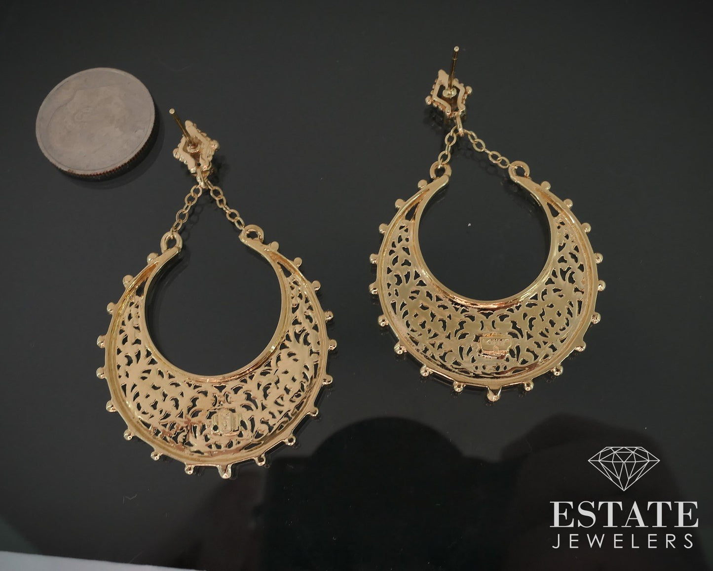 Vintage 14k Yellow Gold Filigree Hoop Dangle Ladies Earrings 9.8g i17896