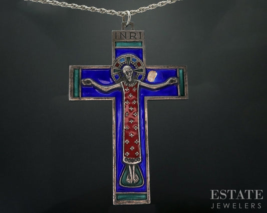 Antique Sterling Jesus of Nazareth Enameled Crucifix Cross Necklace 155g i17900