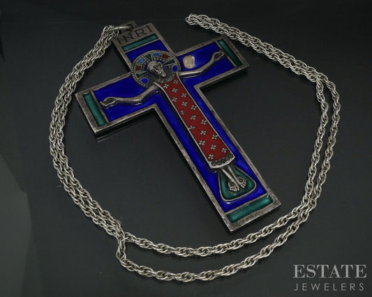 Antique Sterling Jesus of Nazareth Enameled Crucifix Cross Necklace 155g i17900