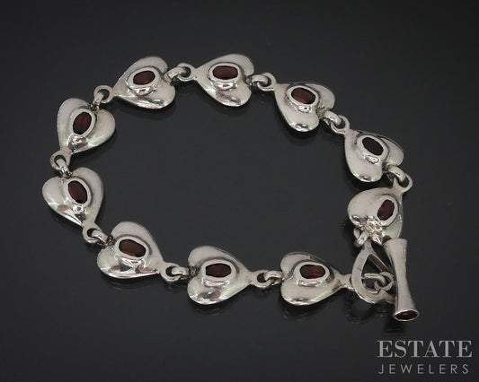 Sterling Silver Natural Garnet Heart Link Tennis Bracelet 17.9g 6.75"L i18027