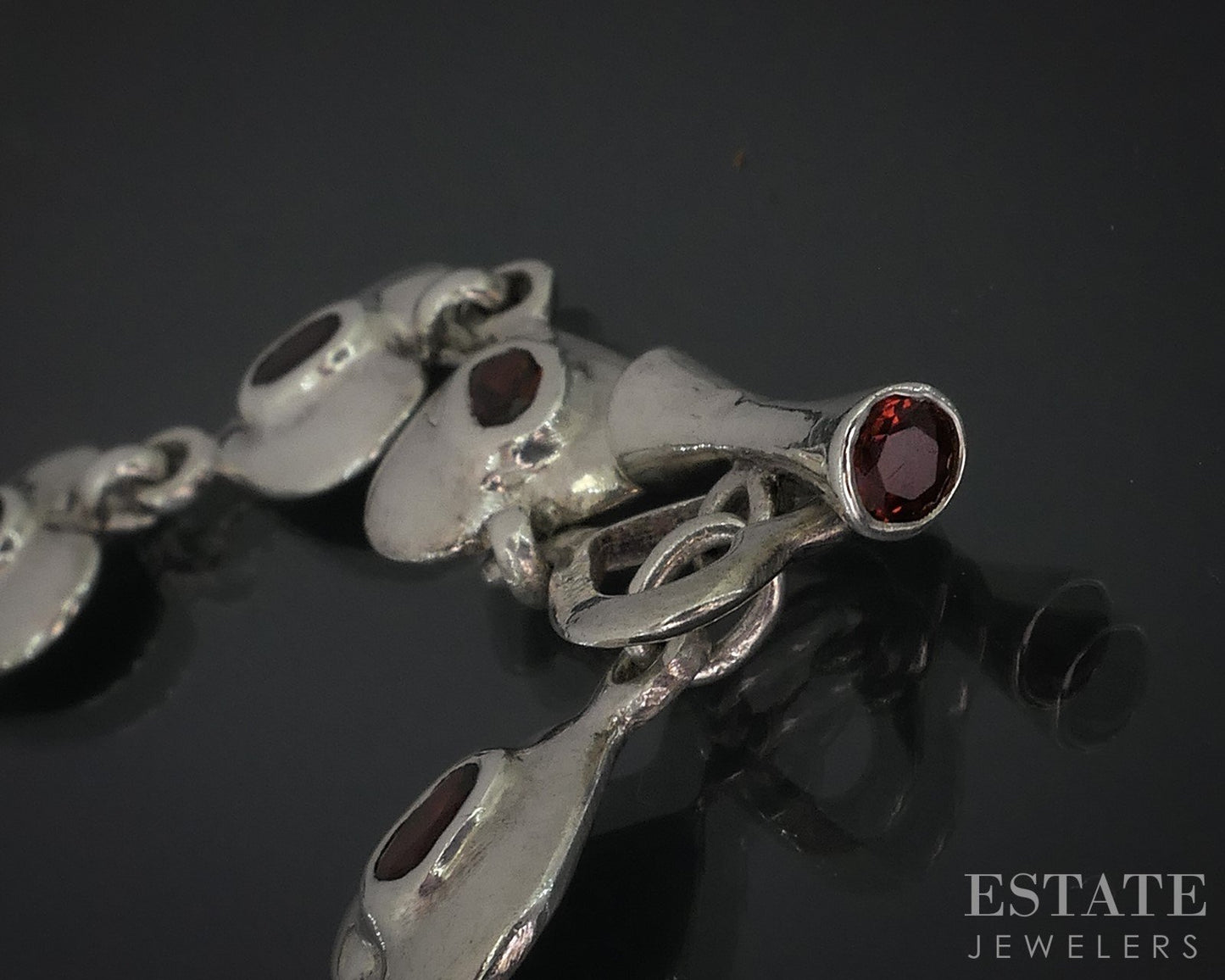 Sterling Silver Natural Garnet Heart Link Tennis Bracelet 17.9g 6.75"L i18027