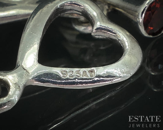 Sterling Silver Natural Garnet Heart Link Tennis Bracelet 17.9g 6.75"L i18027