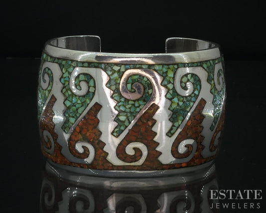 Sterling Turquoise & Coral Navajo Emerson Kinzel Cuff Bracelet 97g i18020