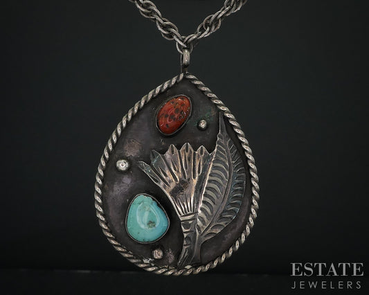 Vintage Sterling Navajo Natural Turquoise & Coral Necklace 34.5g i18016