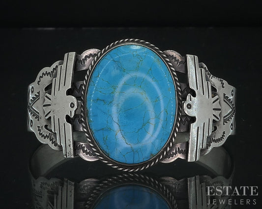 Vintage Sterling Navajo Natural Turquoise Storytelling Cuff Bracelet 39g i18011