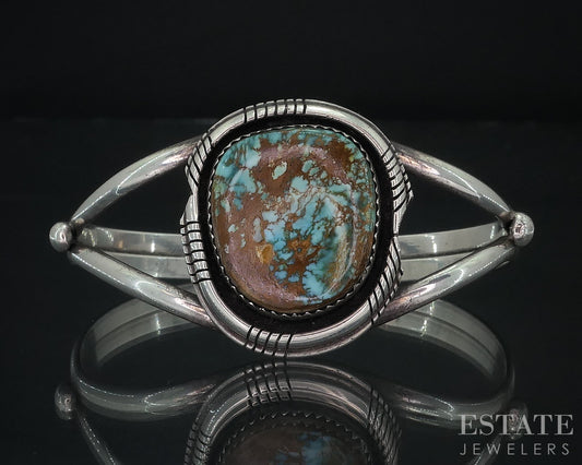 Vintage Sterling Navajo Natural Turquoise Tia Long Cuff Bracelet 22.8g i18010