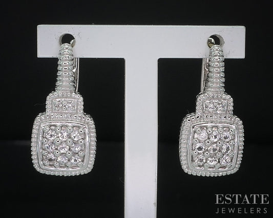 18k & Sterling Judith Ripka TWO CZ Dangle Ladies Earrings 5.5g i18007