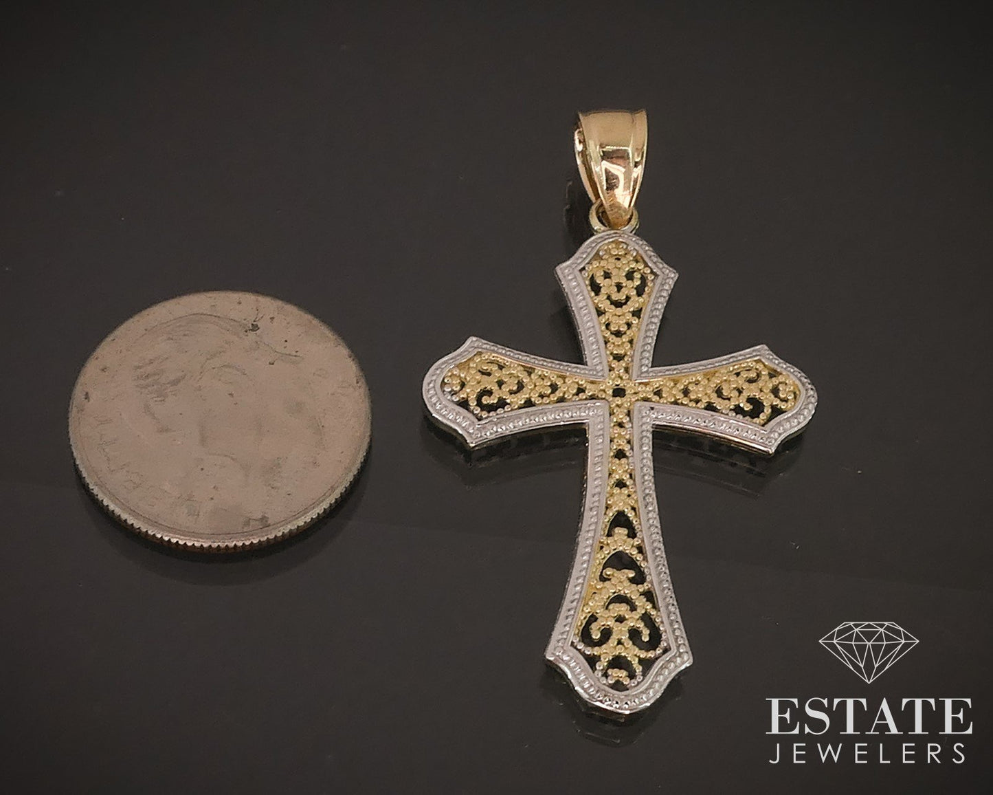 Vintage 14k Yellow & White Gold Filigree Ladies Cross Pendant 2.1g i17961b