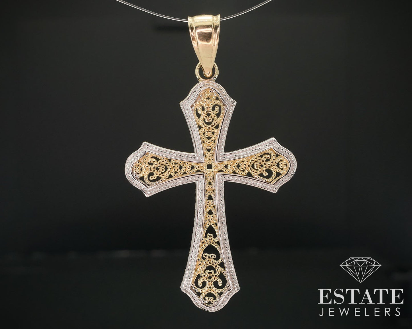 Vintage 14k Yellow & White Gold Filigree Ladies Cross Pendant 2.1g i17961b