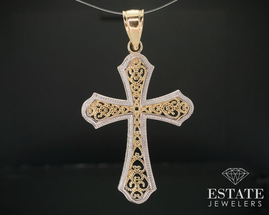 Vintage 14k Yellow & White Gold Filigree Ladies Cross Pendant 2.1g i17961b