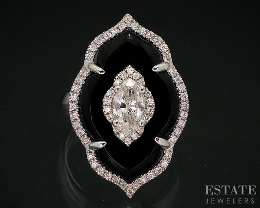 14k White Gold Marquise Natural .84ctw Diamond & Onyx Cocktail Ring 7.4g p58419