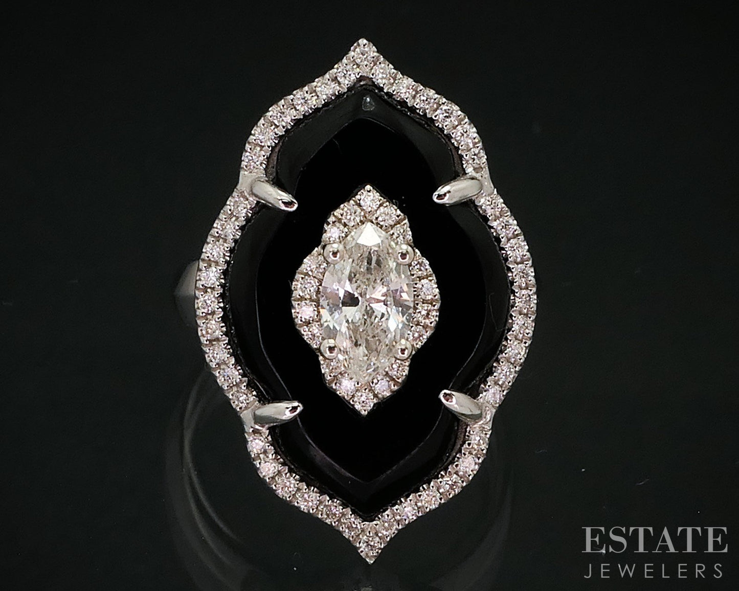 14k White Gold Marquise Natural .84ctw Diamond & Onyx Cocktail Ring 7.4g p58419