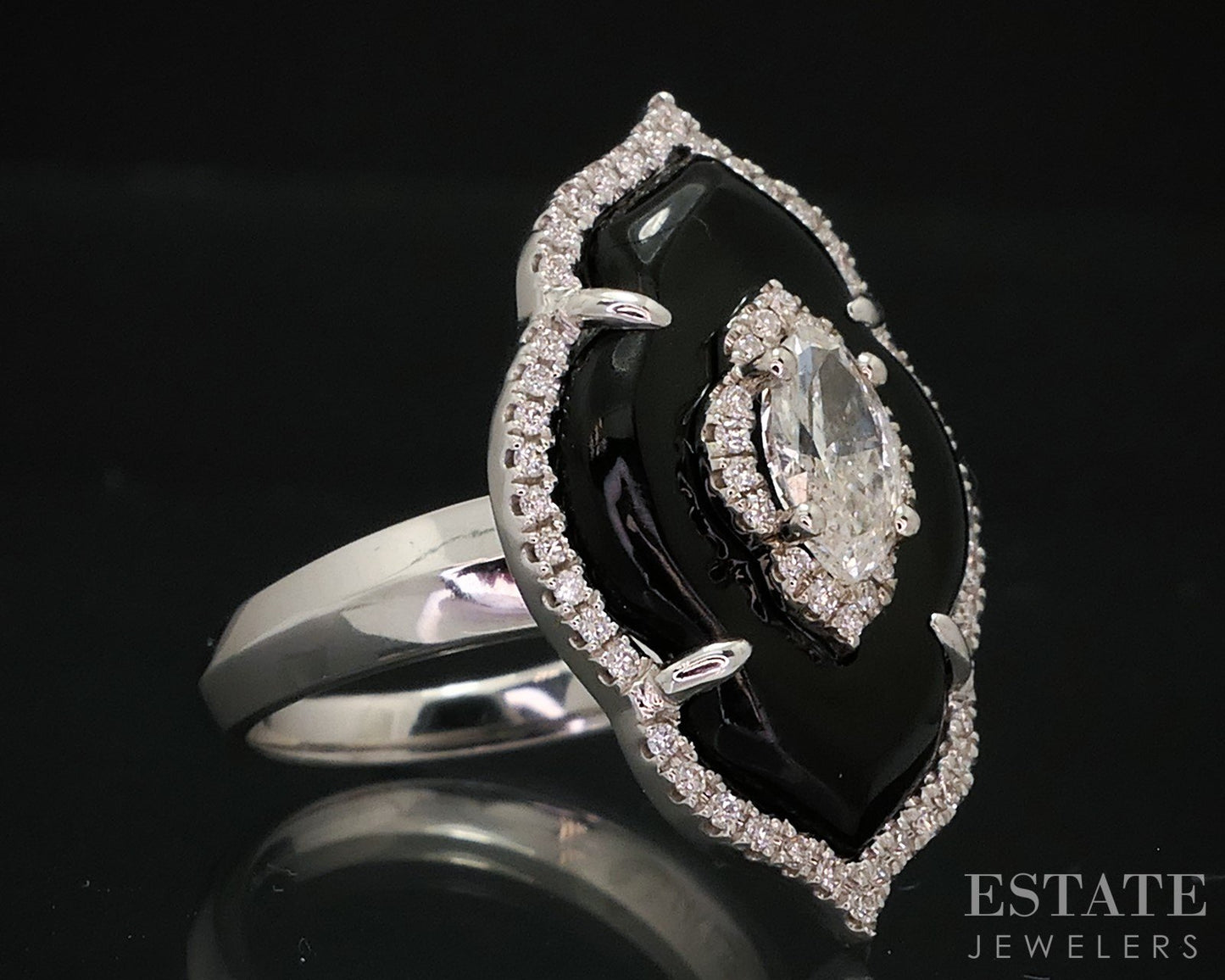 14k White Gold Marquise Natural .84ctw Diamond & Onyx Cocktail Ring 7.4g p58419