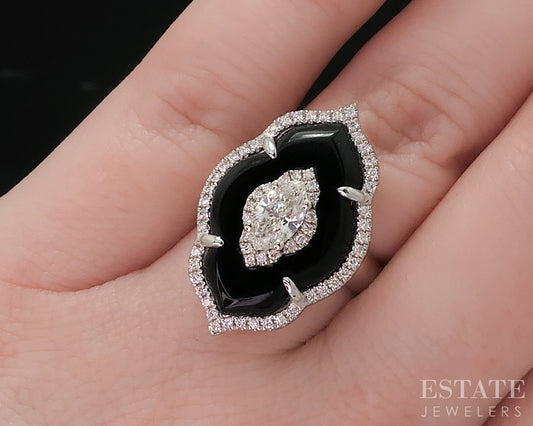 14k White Gold Marquise Natural .84ctw Diamond & Onyx Cocktail Ring 7.4g p58419