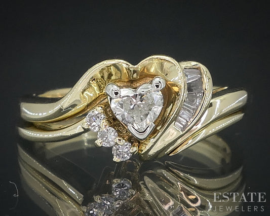 14k Yellow Gold Heart Natural .21ctw Diamond Ladies Wedding Set 4.5g i18084b
