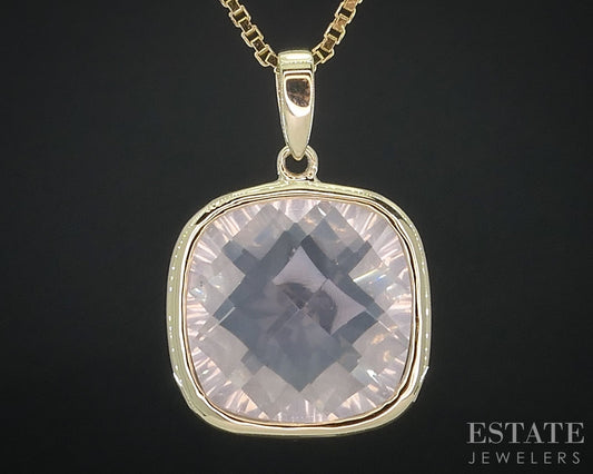 10k Yellow Gold Checkered Natural Rose Quartz Ladies Necklace 8.6g 18"L i18080b