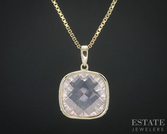 10k Yellow Gold Checkered Natural Rose Quartz Ladies Necklace 8.6g 18"L i18080b