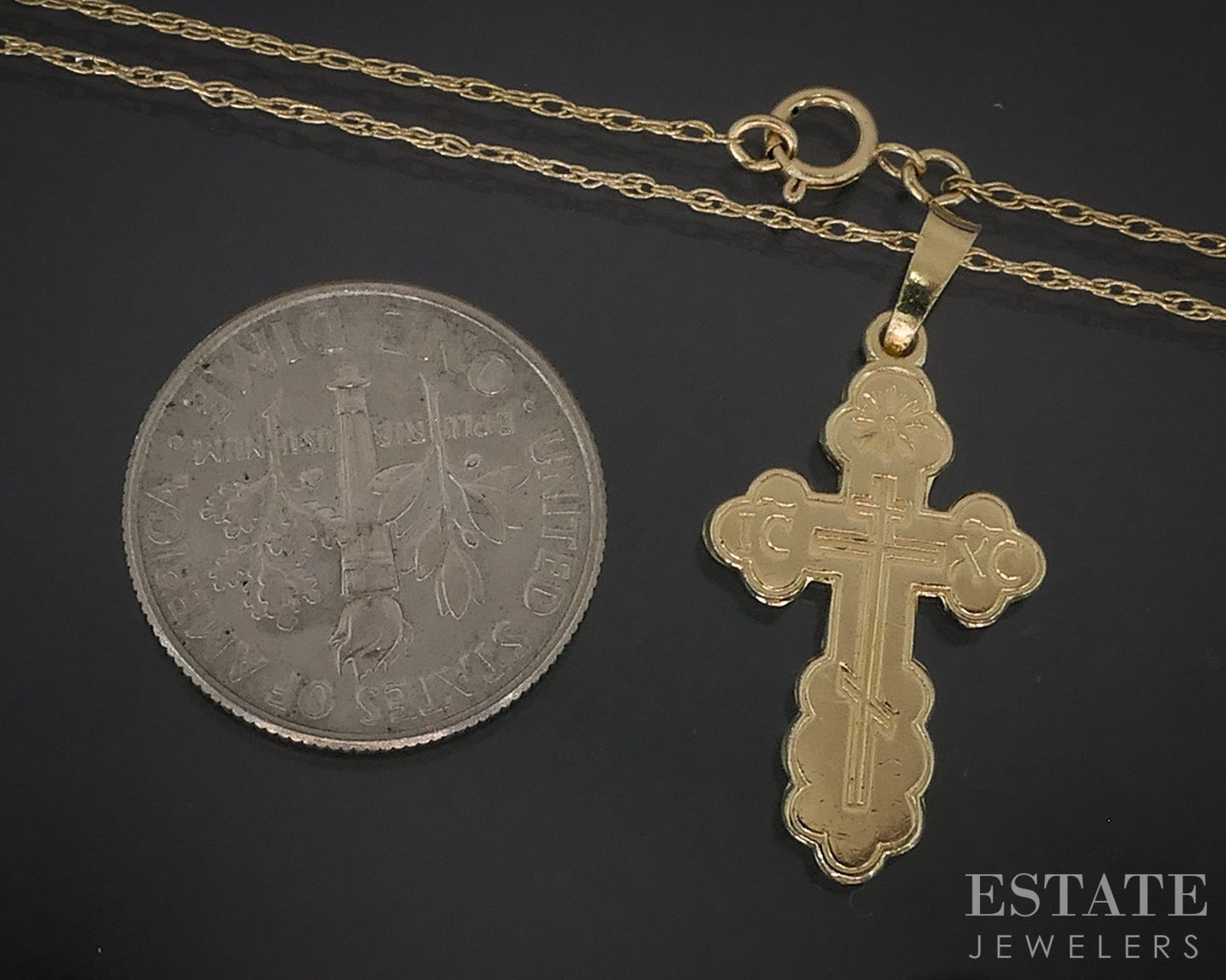 Vintage 14k Yellow Gold Engraved Cross Charm Ladies Necklace 2.1g 22"L i18093b