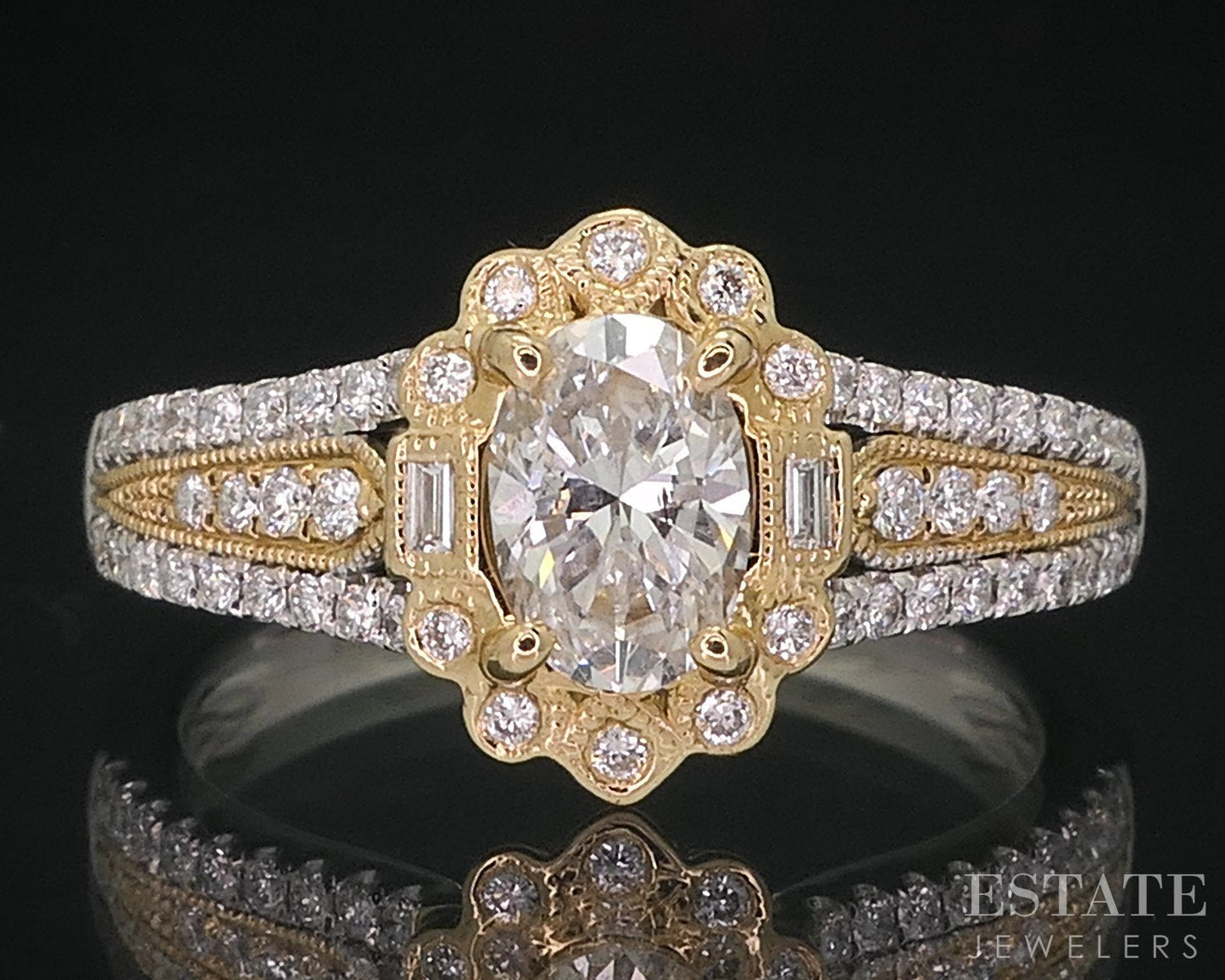 14k Two Tone Gold Oval Natural .88ctw Diamond Halo Engagement Ring 4.1g i14790