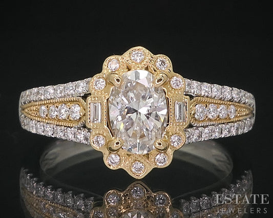 14k Two Tone Gold Oval Natural .88ctw Diamond Halo Engagement Ring 4.1g i14790
