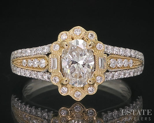 14k Two Tone Gold Oval Natural .88ctw Diamond Halo Engagement Ring 4.1g i14790