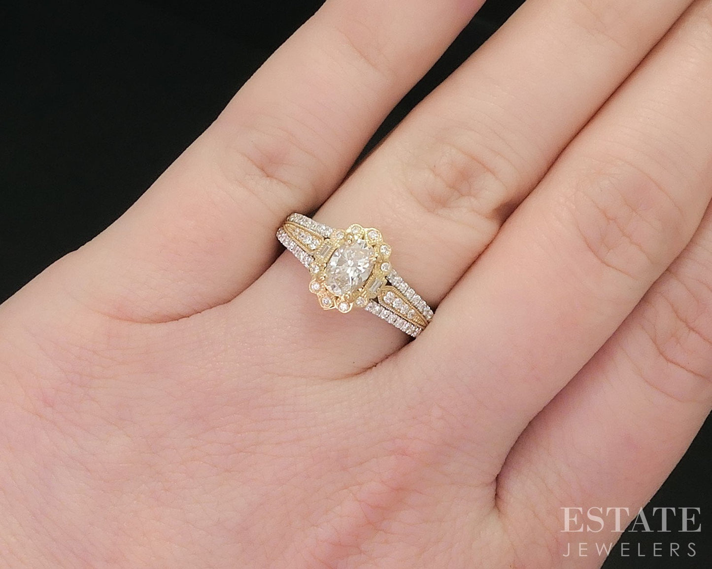 14k Two Tone Gold Oval Natural .88ctw Diamond Halo Engagement Ring 4.1g i14790