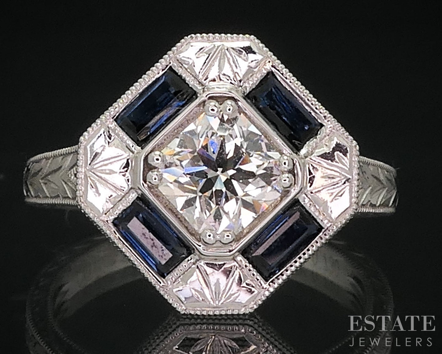 Art Deco 14k White Gold Natural .73ct Diamond & Sapphire Halo Ring 4.5g i14938